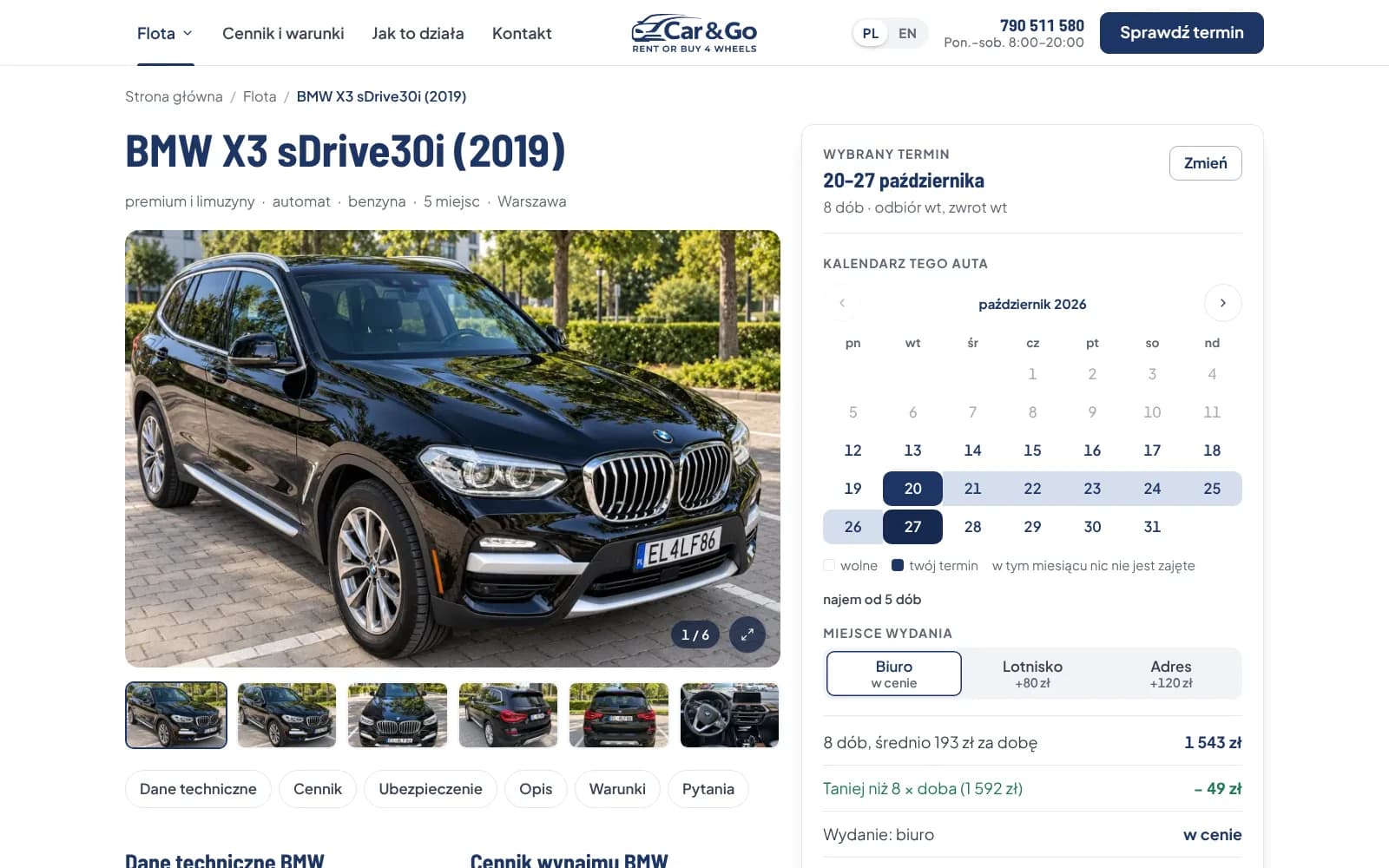 Car&Go: wizytówka auta z galerią zdjęć, kalendarzem tego egzemplarza i ceną policzoną za zaznaczone dni
